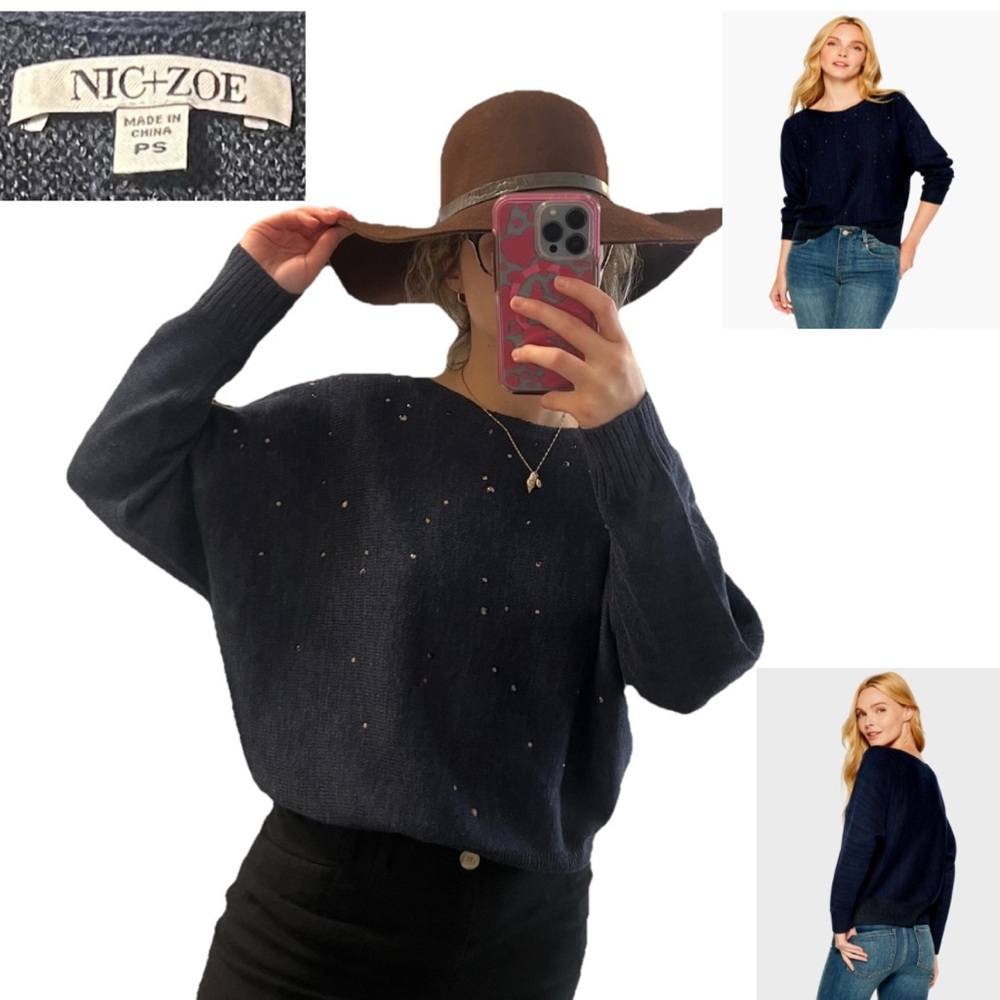 NIC+ZOE,‎ Midnight Blue, Falling Stars, Sweater Top with Sparkle Accents | W P S